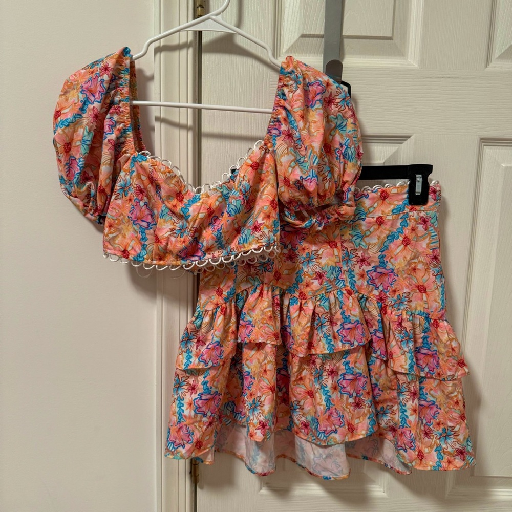 SHEIN Pink Orange Floral Puff-Sleeve Crop Top & Ruffle Skirt Set